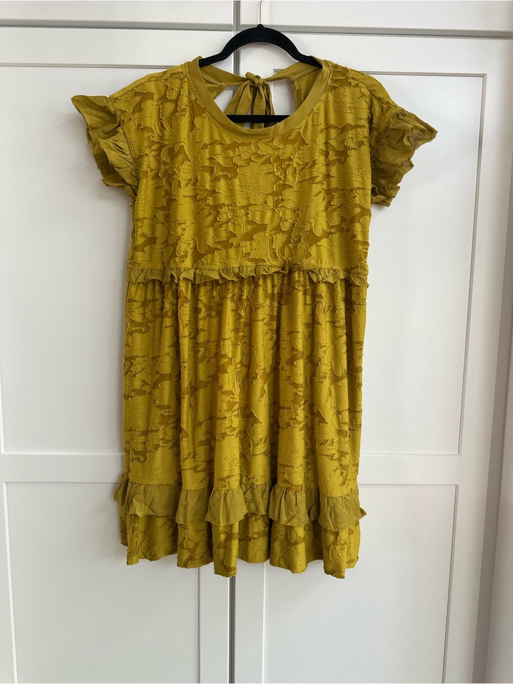 Anthropologie Mustard Textured Ruffle Tie-Back Dress
